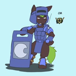 Size: 2036x2048 | Tagged: safe, artist:omegapony16, oc, oc only, oc:oriponi, earth pony, pony, armor, bipedal, earth pony oc, grin, high res, male, shield, smiling, soldier, solo, stallion