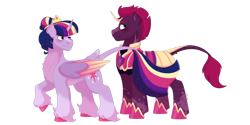 Size: 1280x640 | Tagged: safe, artist:itstechtock, tempest shadow, twilight sparkle, alicorn, pony, g4, armor, female, lesbian, one eye closed, ship:tempestlight, shipping, simple background, transparent background, twilight sparkle (alicorn), two toned wings, wings, wink