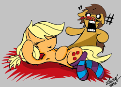 Size: 968x696 | Tagged: safe, artist:lucas_gaxiola, applejack, oc, oc:charmed clover, earth pony, pony, g4, :o, armpits, blood, clothes, draw me like one of your french girls, explosive nosebleed, eyes closed, female, grayscale, lying down, male, mare, nosebleed, not caramel, open mouth, signature, socks, stallion, striped socks