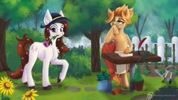 Size: 1024x576 | Tagged: safe, artist:obscuredragone, oc, oc:cadenza heartsong, oc:violet aria, earth pony, pony, big eyes, bush, chest fluff, colorful, commission, composing, cute, cutie mark, daughter, ear fluff, ears up, father, father and child, father and daughter, female, fence, flower, flower in hair, flower in mouth, fluffy, focused, garden, gardening, gardening tools, glasses, grass, hat, inkwell, looking at someone, male, mane, mare, mouth hold, paper, quill, quill pen, scenery, shiny eyes, sitting, stallion, tail, tree, watering can, working
