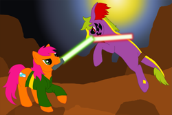 Size: 1631x1087 | Tagged: safe, artist:chili19, oc, oc only, oc:maurus, oc:orange sky, clothes, crossover, desert, duo, fight, jumping, leonine tail, lightsaber, mouth hold, planet, star wars, weapon