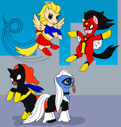 Size: 1632x1714 | Tagged: safe, artist:chili19, earth pony, pegasus, pony, batgirl, black cat, cape, clothes, costume, crossover, female, flying, looking up, mare, mask, ponified, rearing, spider-woman, supergirl
