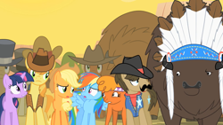 Size: 1280x720 | Tagged: safe, screencap, applejack, braeburn, little strongheart, rainbow dash, sheriff silverstar, twilight sparkle, bison, buffalo, earth pony, pegasus, pony, unicorn, g4, over a barrel, female, looking at each other, looking at someone, male, mare, spread wings, stallion, unnamed buffalo, unnamed character, wingboner, wings