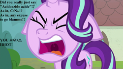 Size: 1280x720 | Tagged: safe, edit, edited screencap, editor:korora, screencap, starlight glimmer, pony, g4, the parent map, censored vulgarity, chemistry, chemistry joke, faic, female, floppy ears, grawlixes, solo, speech, this will end in explosions, you fool