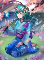 Size: 800x1091 | Tagged: safe, artist:tzc, mistmane, butterfly, human, g4, anime, barefoot, bridge, cherry blossoms, clothes, commission, feet, female, flower, flower blossom, flower in hair, horn, horned humanization, humanized, kimono (clothing), kneeling, river, sitting, solo, young mistmane, younger, yukata