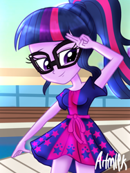 Size: 1800x2400 | Tagged: safe, artist:artmlpk, sci-twi, twilight sparkle, equestria girls, equestria girls specials, g4, my little pony equestria girls: better together, my little pony equestria girls: spring breakdown, clothes, cruise, cruise ship, cute, digital art, dress, female, flowing hair, glasses, hand on head, looking at you, luxe deluxe, ponytail, smiling at you, solo, swimming pool, twiabetes