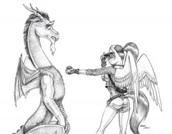 Size: 1400x1087 | Tagged: safe, artist:baron engel, discord, fluttershy, draconequus, pegasus, anthro, g4, ass, butt, cap, clothes, dock, duo, female, fingerless gloves, gloves, grayscale, hat, male, mare, monochrome, pencil drawing, poké ball, pokémon, shorts, simple background, story included, traditional art, white background