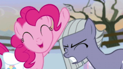 Size: 1280x720 | Tagged: safe, screencap, limestone pie, pinkie pie, earth pony, pony, g4, hearthbreakers, angry, animated, bag, boulder, duo, female, fence, frown, head pat, holder's boulder, mare, pat, pie sisters, pinkie pie is not amused, rock farm, saddle bag, siblings, sigh, sisters, snow, sound, talking, tree, unamused, webm, winter