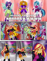 Size: 1280x1666 | Tagged: safe, artist:texasuberalles, adagio dazzle, aria blaze, sonata dusk, sunset shimmer, equestria girls, g4, my little pony equestria girls: rainbow rocks, abuse, adagibuse, alternate ending, angry, ariabuse, boots, chair, clothes, comic, female, fin wings, folding chair, good end?, jacket, leather jacket, levitation, lyrics, magic, miniskirt, necktie, onomatopoeia, pigtails, ponytail, rageset shimmer, shoes, singing, skirt, sonatabuse, speaker, stage, text, that pony sure have anger issues, the dazzlings, throw, throwing, welcome to the show, wings