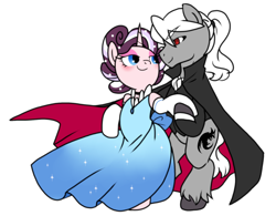 Size: 1276x996 | Tagged: safe, artist:yokokinawa, oc, oc only, oc:dracula, oc:violet quill, pony, unicorn, blushing, cape, clothes, dancing, dress, female, gala dress, looking at each other, male, mare, red eyes, simple background, stallion, straight, unshorn fetlocks, white background