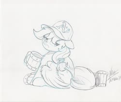 Size: 2384x2816 | Tagged: safe, artist:ncmares, oc, oc:vanilla creame, pegasus, pony, alcohol, beer, grumpy, hat, high res, looking back, mug, oakland athletics, sitting, traditional art