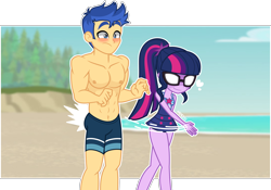 Size: 4000x2792 | Tagged: safe, artist:orin331, flash sentry, sci-twi, twilight sparkle, equestria girls, g4, abs, beach, blushing, clothes, duo, female, glasses, male, role reversal, scary shiny glasses, ship:flashlight, ship:sci-flash, shipping, spanking, straight, swimsuit