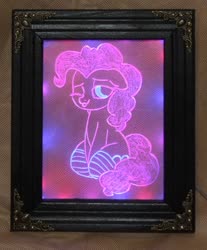 Size: 1355x1638 | Tagged: safe, artist:ashenonedreamer, artist:moozua, pinkie pie, earth pony, pony, g4, acrylic plastic, acrylight, clothes, craft, engraving, female, floppy ears, led, mare, one eye closed, smiling, socks, solo, striped socks, tongue out, wink