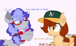 Size: 2840x1752 | Tagged: artist needed, safe, oc, oc only, oc:cinnabyte, oc:vanilla creame, earth pony, pegasus, pony, adorkable, baseball cap, cap, cinnabetes, cute, dork, duo, female, friends, hat, mare, simple background, smiling, white background