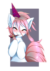 Size: 1163x1671 | Tagged: safe, artist:shoggoth-tan, oc, oc only, earth pony, pony, birthday, blushing, ear fluff, hat, party hat, party horn, pink hair, smiling, solo