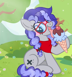 Size: 1482x1594 | Tagged: artist needed, safe, oc, oc only, oc:cinnabyte, earth pony, pony, adorkable, bandana, cinnabetes, cute, dork, female, food, forest, glasses, ice cream, mare, meganekko, pigtails, smiling, solo