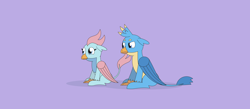 Size: 5840x2550 | Tagged: safe, artist:gd_inuk, gallus, ocellus, changedling, changeling, griffon, g4, cute, diaocelles, disguise, disguised changeling, duo, female, floppy ears, gallabetes, gallus is not amused, griffon ocellus, griffonized, happy, high res, male, purple background, simple background, sitting, species swap, unamused