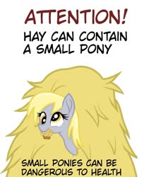 Size: 1000x1226 | Tagged: safe, artist:janelearts, derpy hooves, pegasus, pony, g4, cute, derpabetes, female, food, hay, mare, mouth hold, muffin, simple background, solo, text, warning, white background