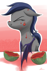 Size: 966x1454 | Tagged: safe, artist:stoic5, oc, oc only, oc:echo, bat pony, pony, abstract background, bat pony oc, eyes closed, female, food, fruit ninja, karate, mare, requested art, scrunchy face, solo, watermelon