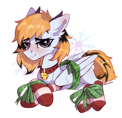 Size: 2079x2000 | Tagged: safe, artist:cherry_kotya, oc, oc only, pegasus, pony, bedroom eyes, bell, bell collar, blushing, bondage, bound wings, bow, cat bell, clothes, collar, gift wrapped, high res, looking at you, prone, ribbon, snow, snowflake, socks, solo, striped socks, wings