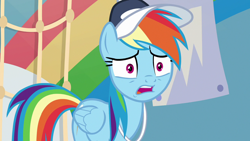 Size: 1280x720 | Tagged: safe, screencap, rainbow dash, pegasus, pony, 2 4 6 greaaat, g4, cap, coach rainbow dash, female, hat, mare, open mouth, solo