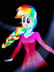 Size: 2313x3084 | Tagged: safe, artist:liaaqila, rainbow dash, equestria girls, g4, alternate hairstyle, braid, clothes, cute, dashabetes, dress, female, frozen (movie), happy, high res, open mouth, solo, traditional art