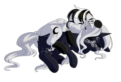 Size: 2554x1735 | Tagged: safe, artist:ohhoneybee, oc, oc only, oc:alex moon, oc:silver raven, pegasus, pony, unicorn, cuddling, female, mare, prone, simple background, transparent background