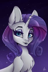 Size: 853x1280 | Tagged: safe, artist:athenawhite, rarity, pony, unicorn, g4, beautiful, bust, chest fluff, ear fluff, eyeshadow, female, glowing horn, horn, lipstick, looking at you, makeup, mare, night, night sky, portrait, purple lipstick, sky, smiling, solo, stars