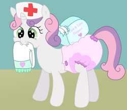 Size: 1280x1107 | Tagged: safe, artist:sweetielover, sweetie belle, pony, unicorn, g4, diaper, diaper fetish, diaper package, female, fetish, hat, mouth hold, non-baby in diaper, nurse, nurse hat, nurse outfit, poofy diaper, solo