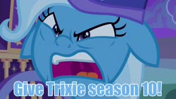 Size: 1280x720 | Tagged: safe, edit, edited screencap, screencap, trixie, pony, g4, season 10, to where and back again, angry, caption, demanding, ears back, female, hat, image macro, meme, nightcap, solo, talking to viewer, text, text edit, trixie yells at everything, trixie's nightcap, trixie's wagon