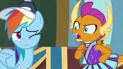 Size: 1920x1080 | Tagged: safe, screencap, rainbow dash, smolder, dragon, pegasus, pony, 2 4 6 greaaat, g4, angry, betrayed, cap, chalkboard, cheerleader, cheerleader outfit, cheerleader smolder, clothes, coach rainbow dash, coaching cap, coaching whistle, cringing, dragoness, duo, fangs, female, folded wings, gym, hand on hip, horns, mare, multicolored mane, one eye closed, open mouth, pointing at self, rant, skirt, smolder is not amused, teacher and student, teenaged dragon, teenager, whistle, whistle necklace, yelling