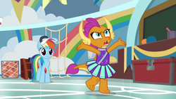 Size: 1920x1080 | Tagged: safe, screencap, rainbow dash, smolder, dragon, pegasus, pony, 2 4 6 greaaat, g4, arms in the air, ball, banner, box, cap, chalkboard, cheerleader, cheerleader outfit, cheerleader smolder, clothes, coach rainbow dash, dragoness, fangs, female, folded wings, hat, horns, net, open mouth, raised leg, unamused, whistle, whistle necklace, wings