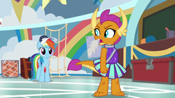 Size: 1920x1080 | Tagged: safe, screencap, rainbow dash, smolder, dragon, pegasus, pony, 2 4 6 greaaat, g4, angry, betrayed, cheerleader, cheerleader outfit, cheerleader smolder, clenched fist, clothes, coach rainbow dash, coaching cap, coaching whistle, confused, cute, dragoness, duo, fangs, female, folded wings, glare, gym, horns, mare, open mouth, pleated skirt, rant, skirt, slit pupils, smolder is not amused, smolderbetes, teacher and student, teenaged dragon, teenager, toes, unamused, whistle, whistle necklace, wings, yelling