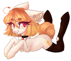 Size: 1882x1614 | Tagged: safe, artist:monogy, oc, oc only, oc:summer shine, earth pony, pony, chest fluff, choker, clothes, ear piercing, earring, female, heart eyes, jewelry, mare, piercing, prone, simple background, socks, solo, thigh highs, transparent background, wingding eyes