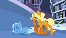 Size: 1280x746 | Tagged: safe, artist:lightningtumble, artist:thelifedragonslayer, sunflower spectacle, trixie, pony, unicorn, g4, blanket, duo, duo female, female, library, mare, mother and child, mother and daughter, mouth hold, sleeping, twilight's canterlot home
