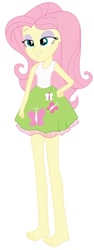 Size: 346x921 | Tagged: safe, artist:marcorulezzz, edit, editor:thomasfan45, vector edit, fluttershy, equestria girls, g4, barefoot, clothes, cute, cutie mark on clothes, feet, female, hand on hip, lidded eyes, miniskirt, simple background, skirt, smug, solo, tank top, vector, white background