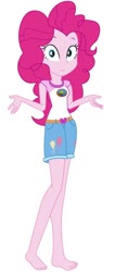 Size: 368x866 | Tagged: safe, artist:marcorulezzz, edit, editor:thomasfan45, vector edit, pinkie pie, equestria girls, g4, my little pony equestria girls: legend of everfree, barefoot, belt, camp everfree logo, camp everfree outfits, clothes, cute, denim shorts, feet, female, legs, looking at you, pink skin, sexy, shirt, shorts, shrug, simple background, solo, t-shirt, the microphone girl, tomboy, vector, white background
