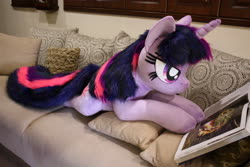 Size: 4096x2731 | Tagged: safe, artist:ponimalion, twilight sparkle, pony, unicorn, g4, bed, bedroom eyes, book, horn, irl, life size, photo, reading