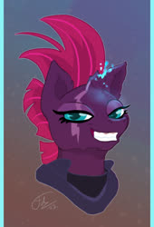 Size: 1589x2342 | Tagged: safe, artist:thefredricus, tempest shadow, pony, unicorn, g4, my little pony: the movie, broken horn, bust, evil smile, eye scar, female, gradient background, grin, gums, head only, horn, looking at you, mare, portrait, scar, smiling, smug, smugest shadow, solo, sparking horn