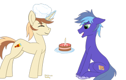 Size: 2062x1318 | Tagged: safe, artist:dash wang, oc, oc only, oc:cream brun, oc:memory mark, pony, unicorn, birthday, cake, candle, duo, food, magic, simple background, transparent background