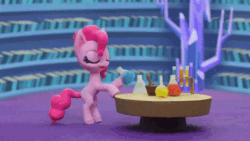 Size: 800x450 | Tagged: safe, screencap, pinkie pie, earth pony, pony, g4.5, my little pony: stop motion short, potion party, animated, book, bookshelf, drinking, eyes closed, female, flash, gif, happy, magic, potion, solo, spots, stop motion, table, twilight's castle