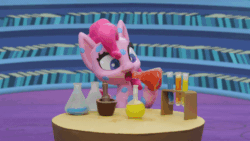 Size: 800x450 | Tagged: safe, screencap, pinkie pie, earth pony, pony, g4.5, my little pony: stop motion short, potion party, animated, book, bookshelf, drinking, female, flash, floating, gif, happy, hiccup, levitation, magic, potion, solo, stop motion, surprised, table, twilight's castle