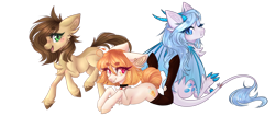 Size: 5160x2180 | Tagged: safe, artist:monogy, oc, oc only, oc:crystal vision, oc:hope, oc:summer shine, dracony, dragon, earth pony, hybrid, pony, chest fluff, choker, clothes, ear piercing, earring, female, heart eyes, jewelry, mare, piercing, prone, simple background, socks, thigh highs, transparent background, wingding eyes