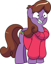 Size: 746x928 | Tagged: safe, artist:vgc2001, idw, maybelle, earth pony, pony, spoiler:comic, spoiler:comic05, bracket, clothes, female, gravity falls, headband, mabel pines, mare, nightmare rarity (arc), ponified, shooting star, smiling, solo, sweater