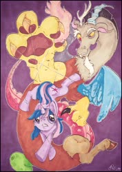Size: 1505x2129 | Tagged: safe, artist:thefredricus, discord, twilight sparkle, draconequus, pony, unicorn, g4, claws, duo, evil smile, female, grin, gritted teeth, ink drawing, looking at each other, looking back, looking down, male, mare, marker drawing, misleading thumbnail, puppet strings, puppeteer, purple background, simple background, smiling, tangled up, traditional art, worried