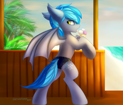 Size: 3500x3000 | Tagged: safe, artist:snowstormbat, oc, oc only, oc:midnight snowstorm, bat pony, pony, bat pony oc, beach, bikini, bipedal, clothes, ear tufts, fangs, food, high res, ice cream, looking back, male, ocean, palm tree, sand, solo, speedo, stallion, standing, swimsuit, tongue out, tree, watermark