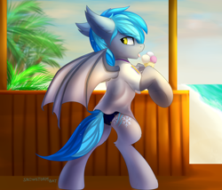 Size: 3500x3000 | Tagged: safe, alternate version, artist:snowstormbat, oc, oc only, oc:midnight snowstorm, bat pony, pony, bat pony oc, beach, bipedal, clothes, ear tufts, fangs, food, gay pride flag, high res, ice cream, lgbt, looking back, male, ocean, palm tree, pride, pride flag, sand, shirt, solo, speedo, stallion, standing, swimsuit, tongue out, tree, watermark