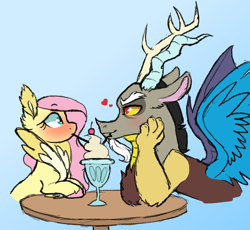 Size: 1884x1736 | Tagged: safe, artist:koloredkat, discord, fluttershy, draconequus, pegasus, pony, g4, blushing, cherry, chest fluff, female, food, heart, interspecies, male, mare, milkshake, sharing a drink, ship:discoshy, shipping, simple background, straight, straw, unshorn fetlocks, wide eyes