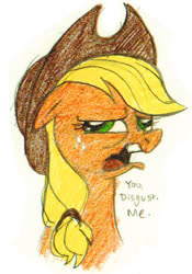 Size: 459x656 | Tagged: safe, artist:strange-thingshappen, applejack, earth pony, pony, applebuck season, g4, artifact, bust, disgusted, faic, female, freckles, hat, mare, open mouth, speech, traditional art