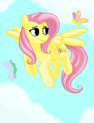 Size: 607x794 | Tagged: safe, artist:strange-thingshappen, fluttershy, butterfly, pegasus, pony, g4, cloud, female, flying, looking at something, mare, smiling, solo, spread wings, wings
